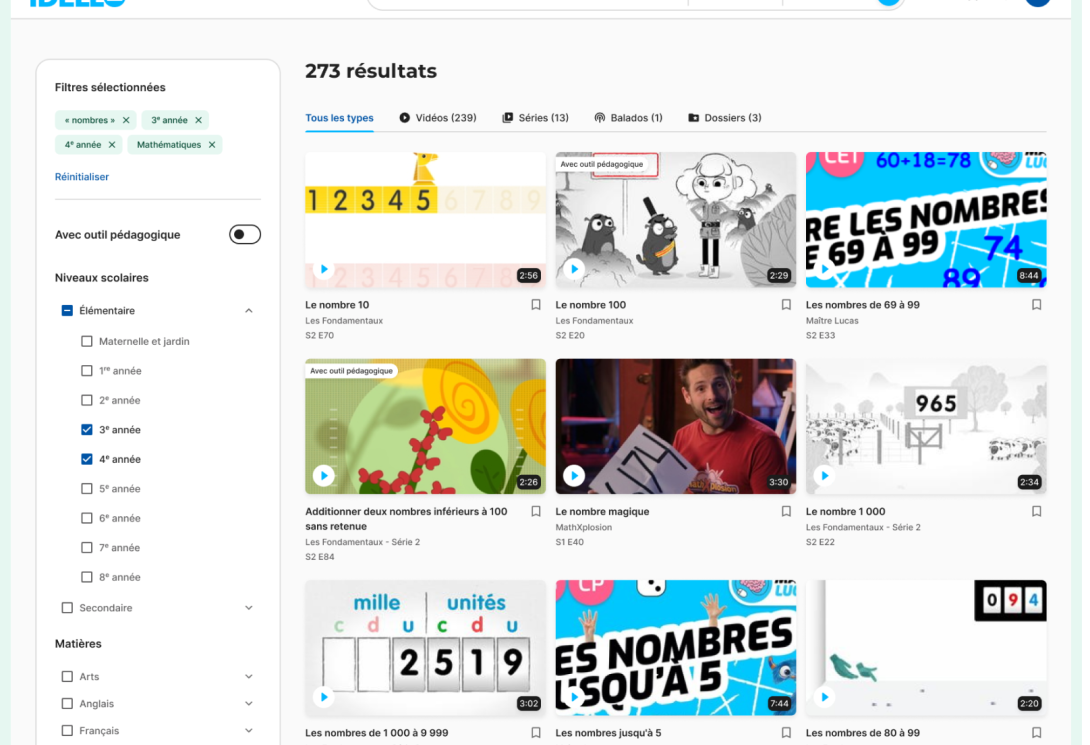 Une capture d'écran de la page de résultats de recherche d'IDÉLLO.